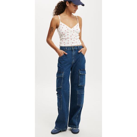 Cotton On Relaxed Cargo Jean Women 6 Blue Light Wash Y2K Wide Leg Pockets Casual - Picture 1 of 13